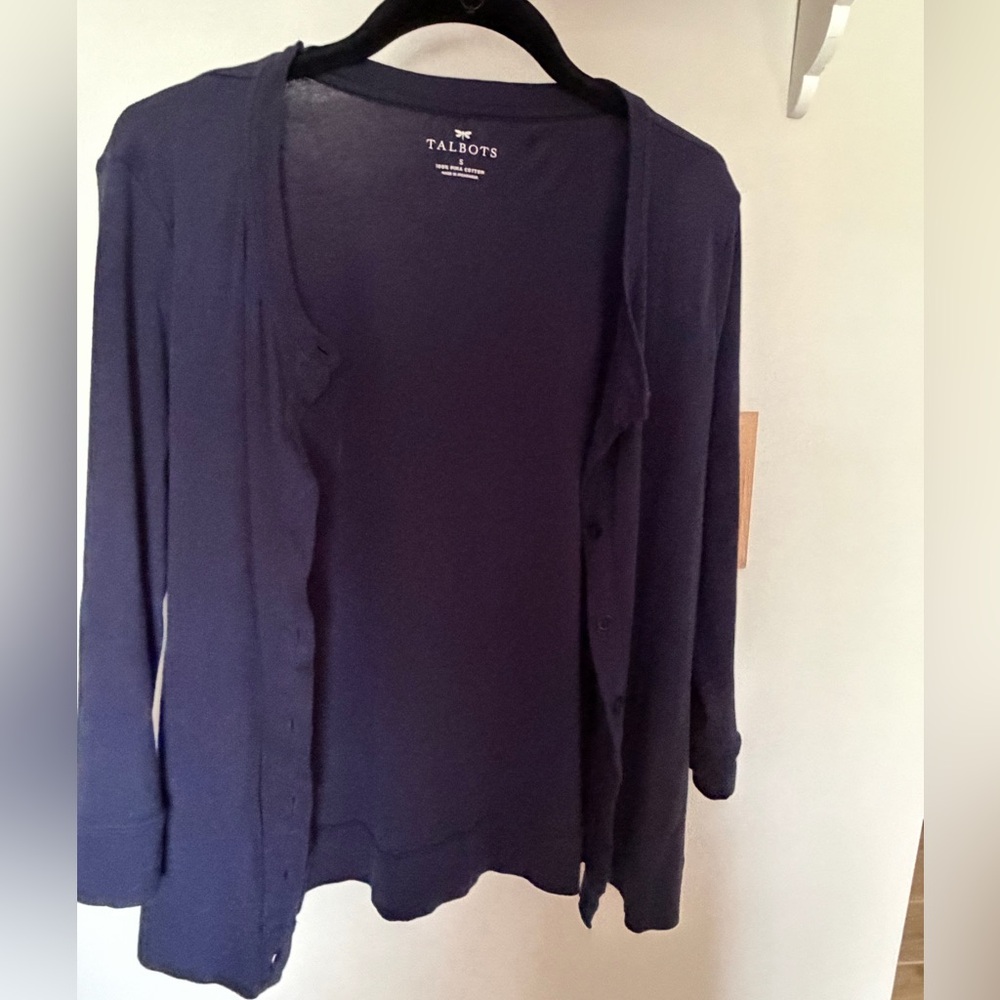 Talbots Navy Button Up Cardigan 3/4 Length Sleeve Pima Cotton